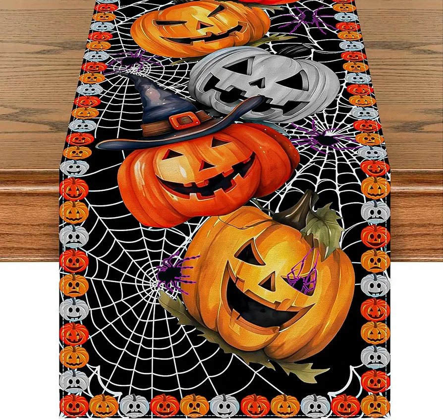 Halloween Decorations Table Runner,Black Halloween Table Cover Jack-O-Lantern Pumpkin Spiderweb 13*72IN Scary Spooky Tablecloth Decor For Home Dining Room Holiday Kitchen Indoor Outdoor Party Supplies