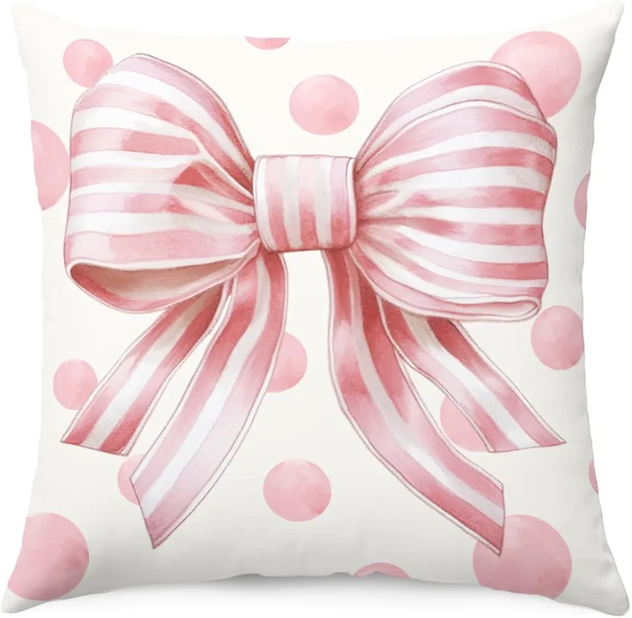 Trendy Coquette Pink Bows Pillow Covers, Preppy Room Decorative Throw Pillow Covers 18x18, Dollette Aesthetic Room Decor Pillow Cases for Home Bedroom Couch Girl College Dorm