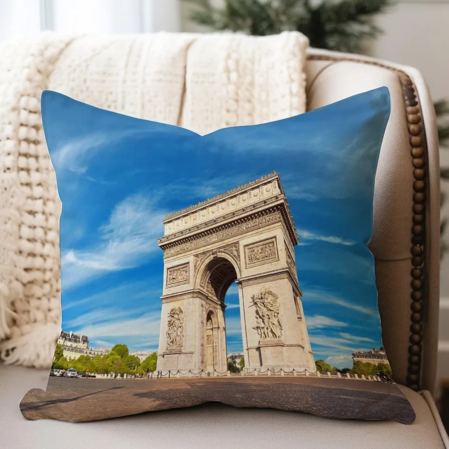 De Triomphe Throw Pillow Cushion Paris France Pillow Covers Cityscape Watercolor Print White Linen Accent Pillow for Sofa Living Room 28x28in Housewarming Gift Birthday Gift