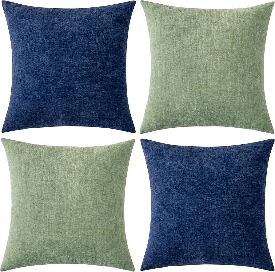 Pack of 2 Couch Throw Pillow Covers 18x18 Inch Soft Square Chenille Pillow Cover for Sofa Living Room Bedroom Car Solid Dyed Pillow Cases (Only Pillowcases) 45x45cm,Green, Navy Blue