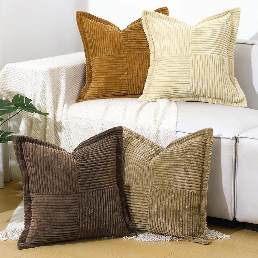 Corduroy Throw Pillow Covers 18×18 Inch, 4 Pack Soft Square Throw Pillow Cases, Decorative Boho Striped Couch Pillow Covers for Living Room Bedroom Sofa Bed Office Cushion Cover, Brown