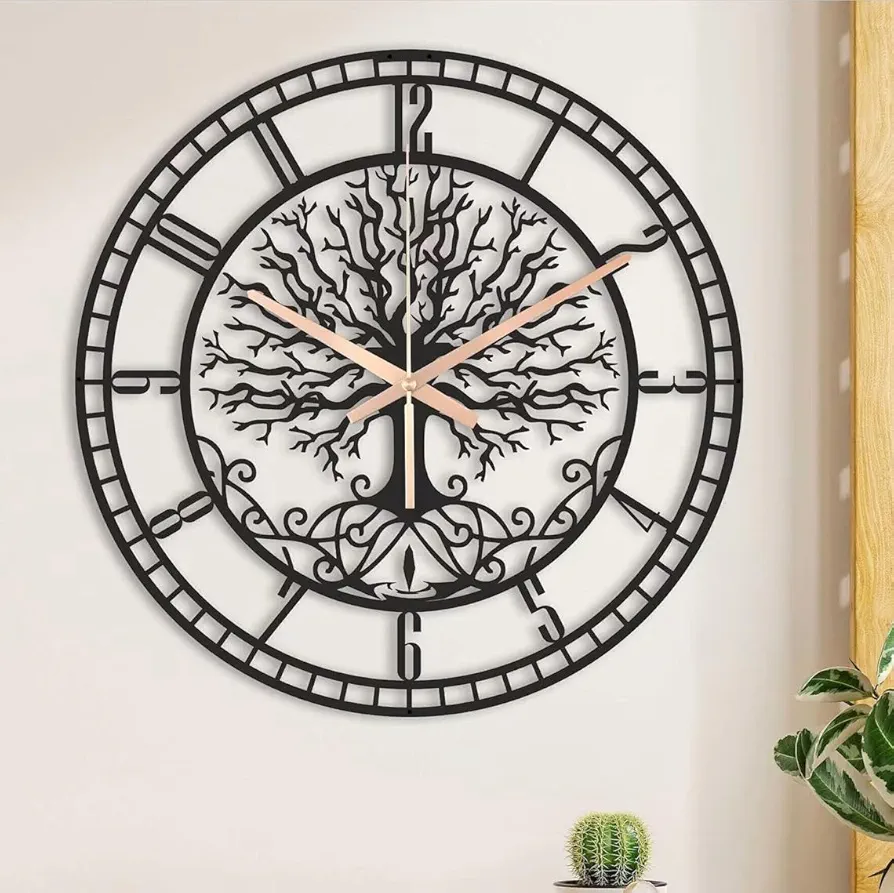 Large Tree of Life Clock, Metal Black Wall Clock, Oversized Wall Clock Home Decor, Living Room Wall Clocks with Numbers, Silent Mid-Century Clock, Modern Family Tree Clock Wall (19.6" inches (50 cm))