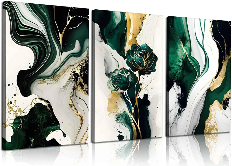 3Pcs Framed Emerald Green Wall Art, Modern Green and Gold Abstract Marble Canvas Wall Art Paintings Prints Posters Wall Decor Pictures for Living Room Bedroom Office Home Decoration, Ready to Hang