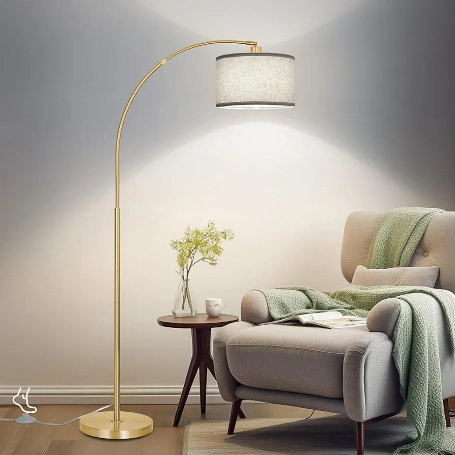 Gold Arc Floor Lamp for Living Room, Floor Lamp with Adjustable Drum Lampshade, Modern Tall Standing Lamp with Foot Switch, Over Couch Arched Pole Lamps for Reading Bedroom, 8W LED Bulb Included