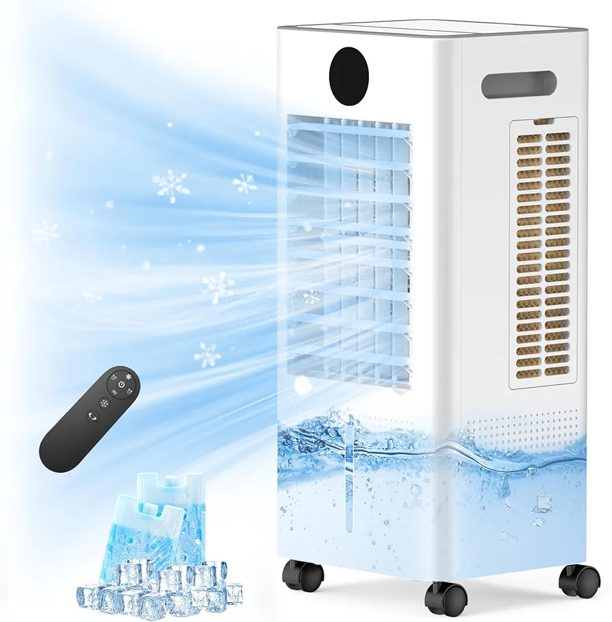 Portable Air Conditioners, 3-IN-1 Evaporative Air Cooler, Portable Ac for Bedroom, Room, Indoor Swamp Coolers w/ 2 Ice Pack, 1.5 Gal Water Tank, 4 Modes & 3 Speeds, 80° Oscillation, 7H Timer, Remote