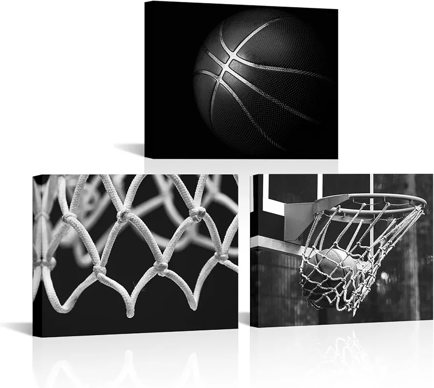 OuElegent 3 Panels Black and White Basketball Canvas Wall Art Basketball Hoop Basketball Nets Posters Sport Art Prints Modern Home Decor Framed for Men Boys Room Ready to Hang 12"x16"x3 Pcs (small)