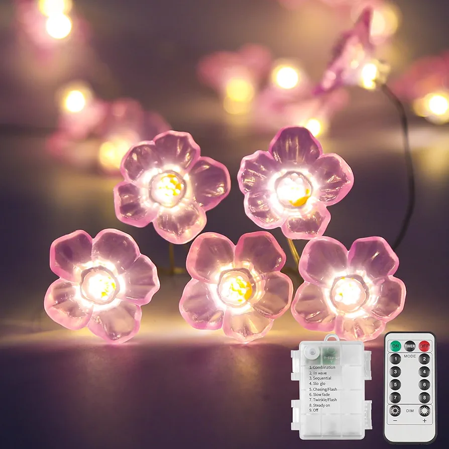 suddus Fairy Lights with Cherry Blossom, 12.8 ft 40 LED Flower String Lights Battery Operated with Remote, Pink Fairy Lights for Bedroom, Valentines Day, Holiday, Partry, Indoor