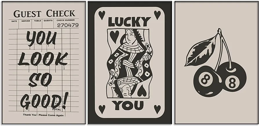 Fashion Poker Framed Canvas Wall Art Set of 3 - Vintage Queen and lucky You Poster Print Wall Decor Aesthetic, Black Art Home Wall Decor for Bedroom Living Room - Unframed 12x16''