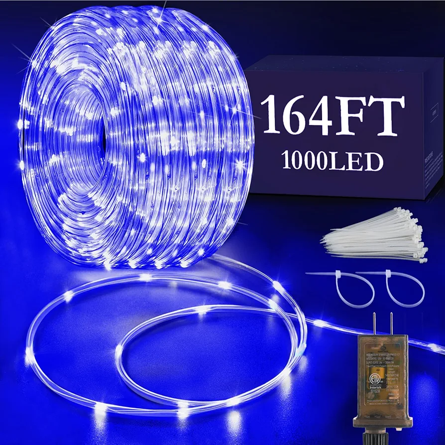 KNONEW 164ft Rope Lights Outdoor Indoor,1000LED String Lights Waterproof 8 Modes Clear Tube Lights for Outside,Bedroom,Wedding,Garden,Patio,Christmas,Tree,Rv,Holiday Decoration（Blue）