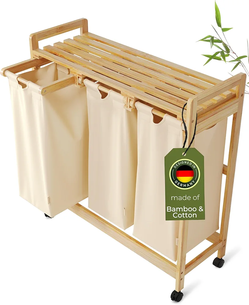 Laundry basket with wheels beige - Large Bamboo Laundry Sorter with Removable Cotton Bags - 3 Section laundry room organization - Durable, Eco-Friendly, and Stylish Storage Solution for Home