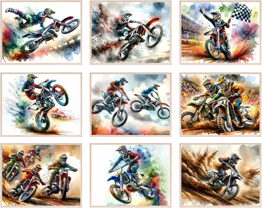 BigWig Prints Dirt Bike Poster Set - Motocross Posters, Dirt Bike Wall Decor, Dirt Bike Birthday Decorations, Dirt Bike Gifts For Boys, Dirtbike Room Decor, Motorcross Art - Unframed Set Of 9 (8x10”)