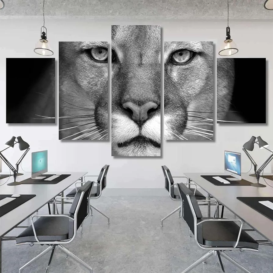 Paintings Wall Decor 5 Pieces Prints Black And White Cougar Animal Canvas Wall Art 5 Panels Posters & Prints Artwork For Living Room Office Wall Decor