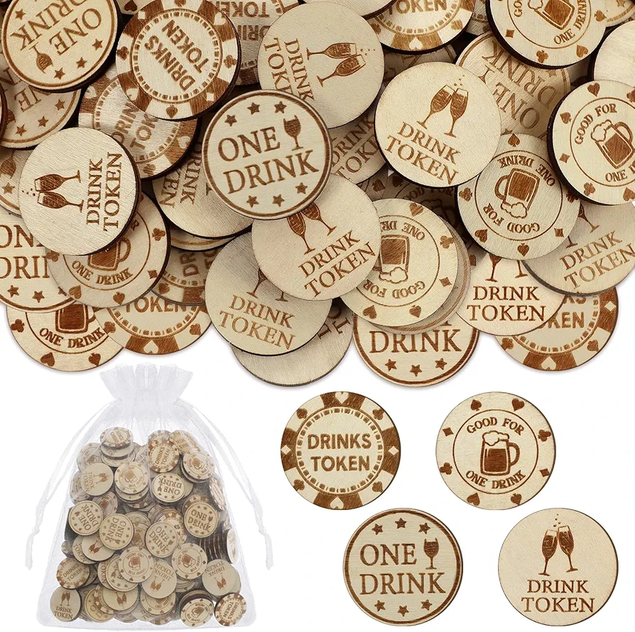 200 Pcs Wooden Drink Tokens Bulk Wedding Drinks Tokens with Organza Bags Wooden Nickels Free Drink Tickets Bar Poker Chips for Party Bar Tickets Wedding Classroom Reward Oktoberfest Favors