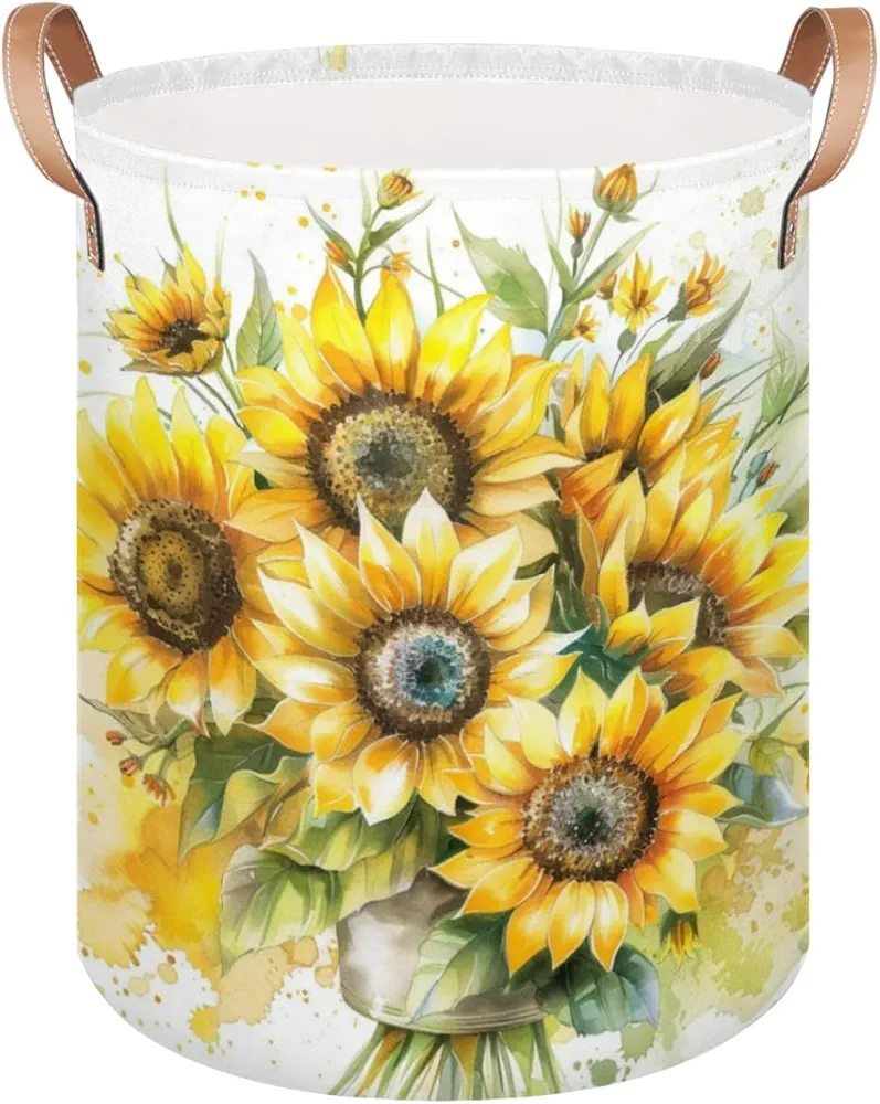 Laundry Basket with Handles, Collapsible Laundry Hamper, Sunflower Waterproof Round Storage Basket for Blanket Towels, Dirty Clothes in Living Room, Bathroom, Floral