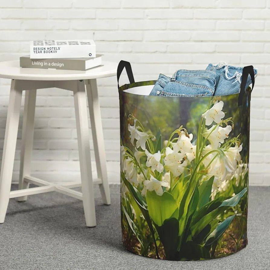 Laundry Basket Waterproof Laundry Hamper With Handles Dirty Clothes Organizer Blossoming Lilies Print Protable Foldable Storage Bin Bag For Living Room Bedroom Playroom, Small, Black