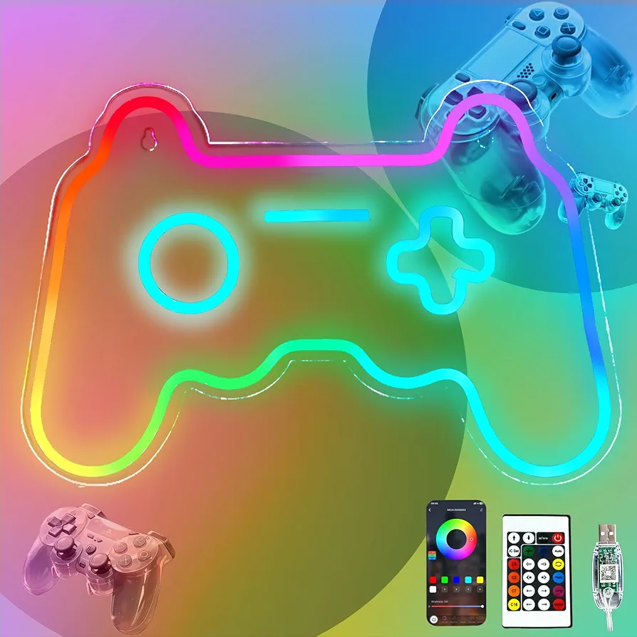 Ineonlife Gamer Neon Sign, Dream Colorful Game Controller Neon Light for Wall, Game Room Decor, USB Powered Gaming Neon Signs with Remote Control Gift for Boys Bedroom