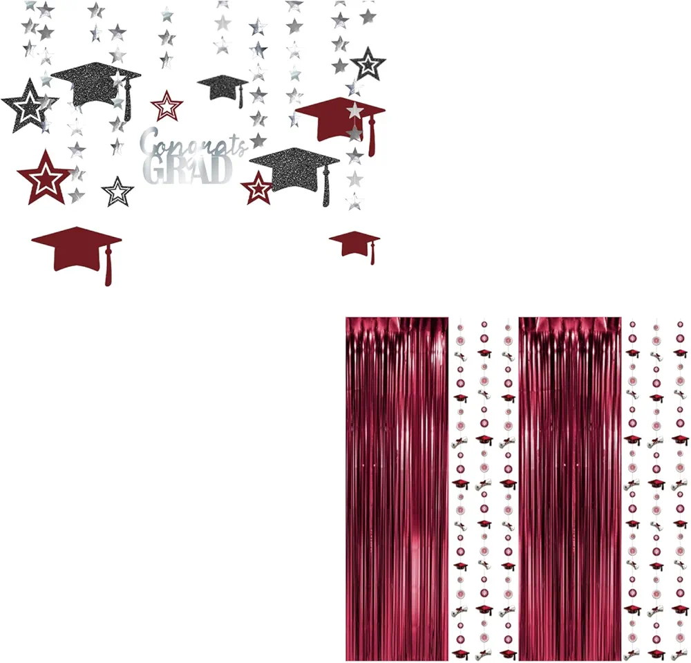 Cheerland Red and Black Graduation Hat Garlands with Silver Stars for Photo Booth Glitter Streamers Banner Backgrounds and Classroom Decoration and Supplies