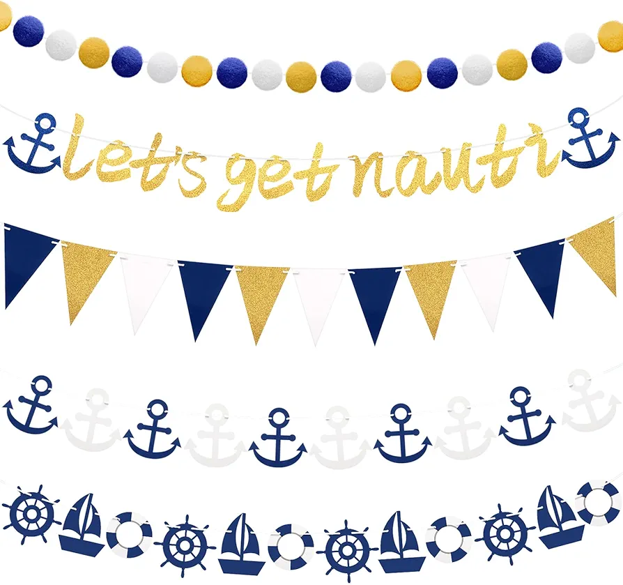 5 Pieces Let's Get Nauti Gold Glitter Banner Cruise Bachelorette Party Decorations Nautical Theme Party Supplies Blue Anchor Cruise Banner for Room Birthday Nautical Sailor Bachelorette Party Decor