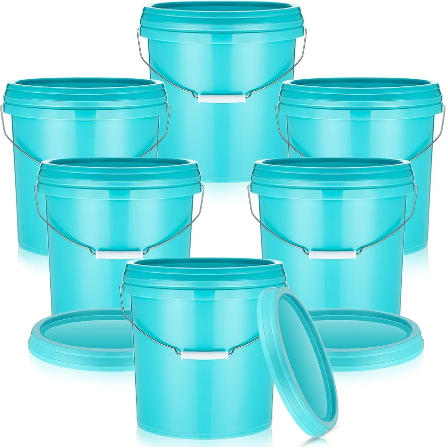 6 Pcs 3.2 Gallon Plastic Bucket with Lid and Metal Handle All Purpose Pail Recyclable Multipurpose Storage Bucket Heavy Duty Bucket Pail Container for Home Industry, Lake Blue