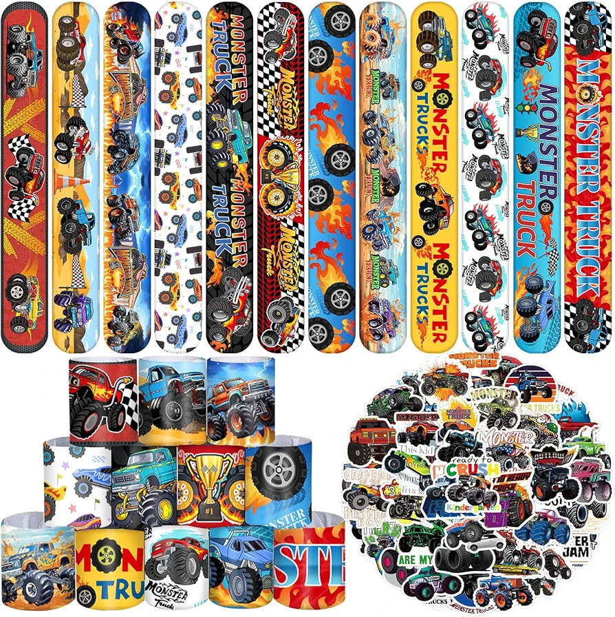 Monster Truck Party Favors, 24 Pcs Monster Truck Slap Bracelets 50 Pcs Monster Truck Stickers Monster Truck Birthday Party Decorations Supplies Gifts for Kids Boys Classroom Rewards