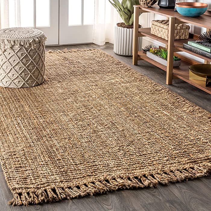 JONATHAN Y NRF103A-8 Pata Hand Woven Chunky Jute with Fringe Indoor Area Rug Bohemian Farmhouse Easy Cleaning Bedroom Kitchen Living Room Non Shedding, 8 ft x 10 ft, Natural Color