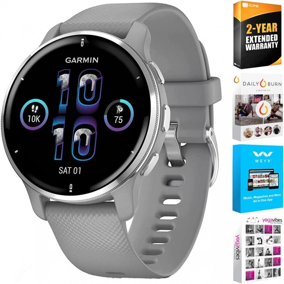 Garmin 010-02496-00 Venu 2 Plus GPS Smartwatch, Silver Stainless Bezel with Powder Gray Silicone Band Bundle with Premium 2 YR CPS Protection Pack and Tech Smart USA Fitness & Wellness Suite