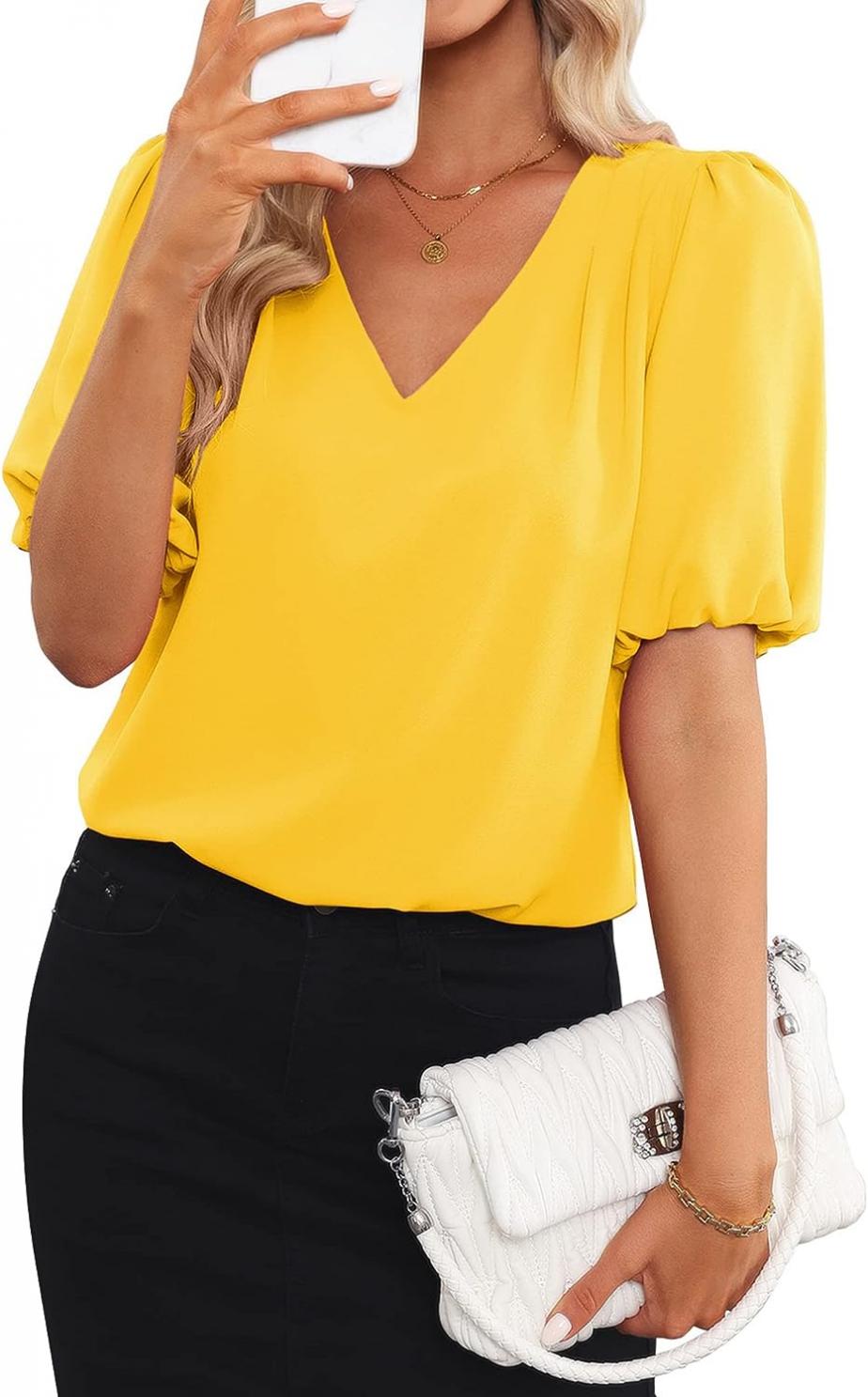 GRAPENT 2023 Business Casual Tops for Women Work Blouses Dressy Short Puff Sleeve Office Pleated V Neck Trendy Summer Blouse