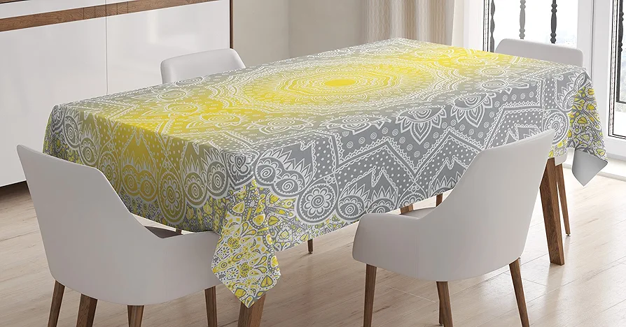 Ambesonne Grey and Yellow Tablecloth, Mandala Ombre Old Boho Pattern with Spiral Round Floral Print, Dining Room Kitchen Rectangular Table Cover, 60" X 84", Yellow Grey