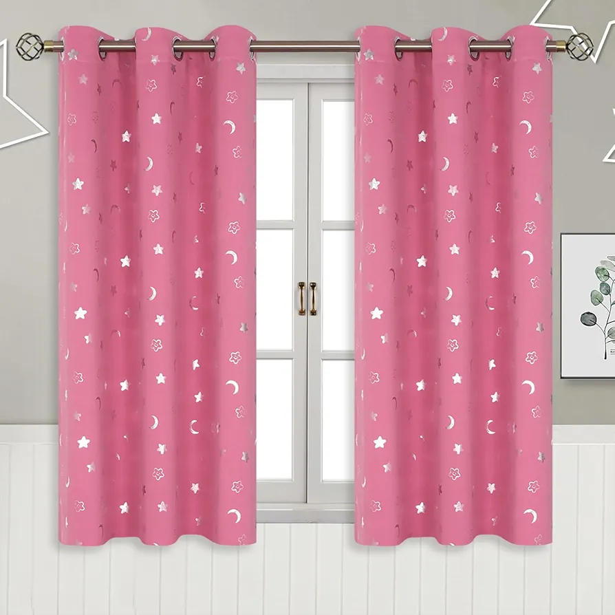 BGment Short Nursery Blackout Curtains 45 Length 2 Panels, Girls Star Bedroom Curtains with Moon for Kids Room, Small Thermal Insulated Room Darkening Window Curtains for Boy Baby, 42 Inch Wide, Pink