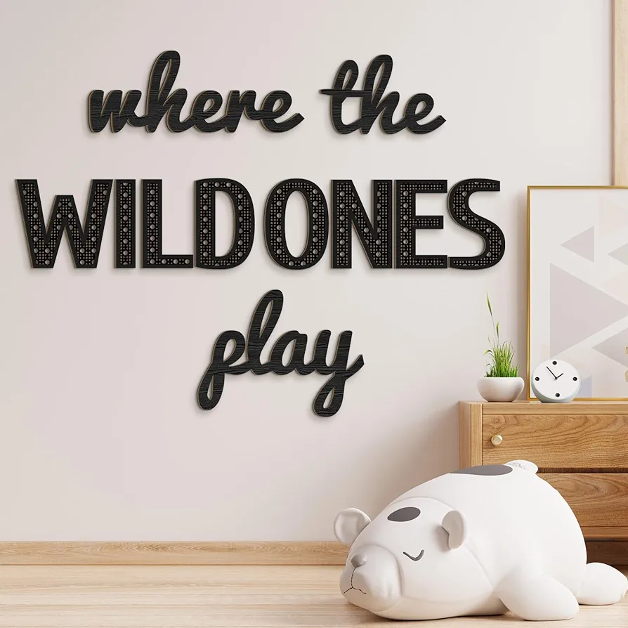 Where the Wild Ones Play Nursery Sign Wooden Playroom Wall Decor Playroom Sign Decoration Word Play Sign for Playroom Kids and Baby Wall Plaques for Boys Girls (Black,23 Inch)