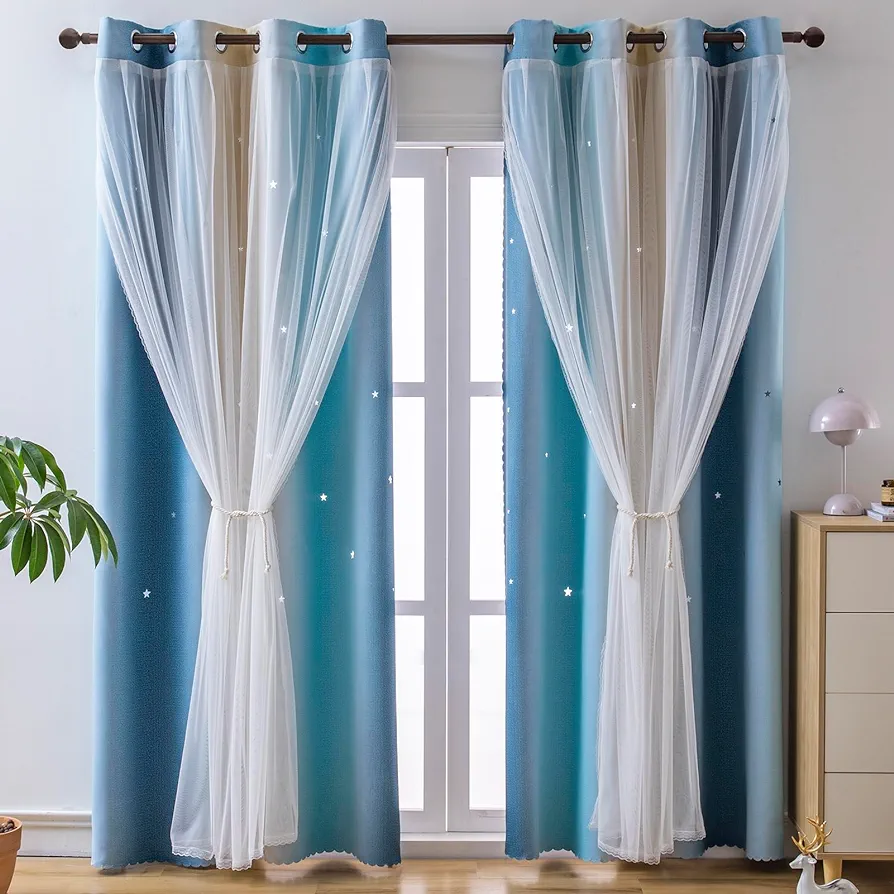 Star Blackout Curtains for Girls Kids Bedroom, Colourful Stripe Window Curtain Panels, 2 Layer Lace Drapes, Room Darkening Curtain for Living Room Decor, 1 Panel（Blue W52 x L63 inch）