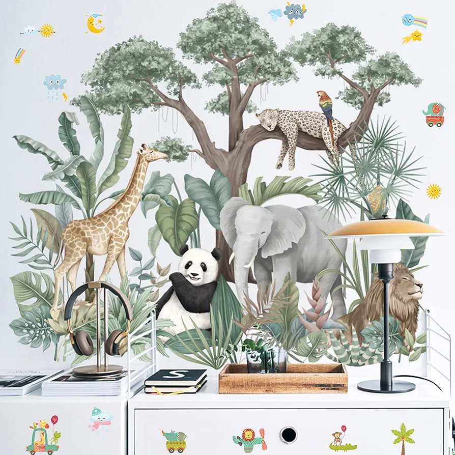 Cartoon Jungle Animals Wall Stickers, Elephant Giraffe Panda Leopard Green Plants Animal Kids Wallpaper Decals, Removable DIY Zoo Art Mural for Baby Bedroom Nursery Living Room Home Decoration(F)