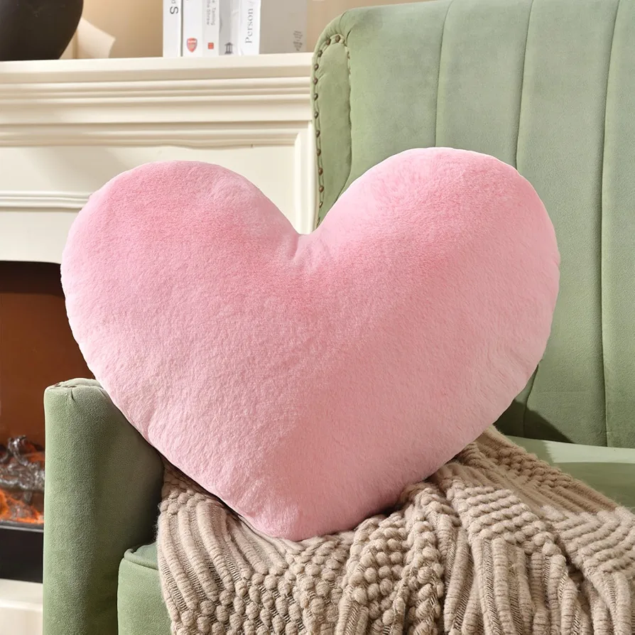 Heart Pillow Fluffy Pink Heart Shaped Throw Pillows Super Soft Faux Rabbit Fur Heart Throw Pillow Room Decorative Pillow,Wedding Decor