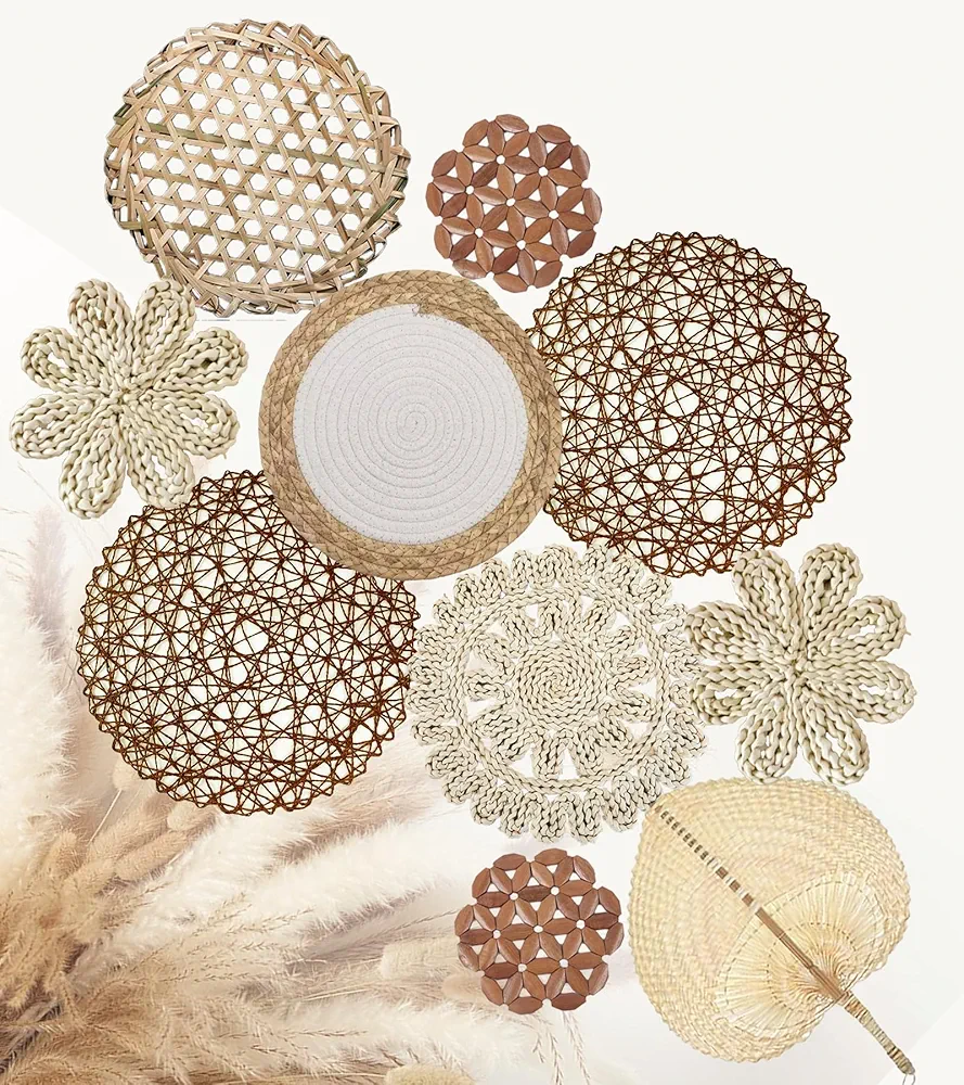 Apexom 10PCS Wall Basket, Large Woven Basket Wall Decor, Boho Bedroom Decor with Hook Rattan Wall Decor 3D DIY Macrame Round Wall Hanging Flat Baskets