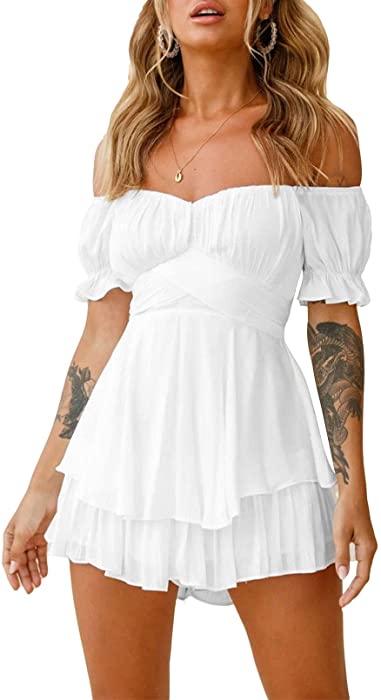 Fixmatti Women Boho Romper Off Shoulder Ruffle Chiffon Shorts Jumpsuit Playsuits