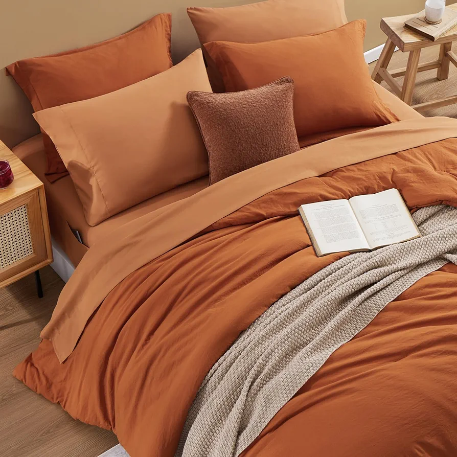 WRENSONGE Terracotta King Comforter Set, 7 Pieces Soft Microfiber King Size Comforter with Fitted Sheet, Flat Sheet 2 Pillow Shams, and 2 Pillowcases- Burnt Orange Warm King Bedding Set for All Season