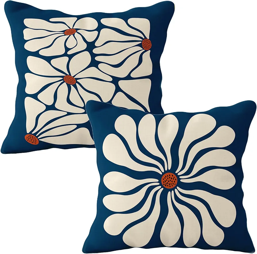 Abstract Boho Matisse Floral Pillow Covers 18x18, 70 Retro Groovy Hippie Beige Flower Decorative Pillow Covers for Bedroom Living Room Decor, Mid Century Modern Decor, Set of 2