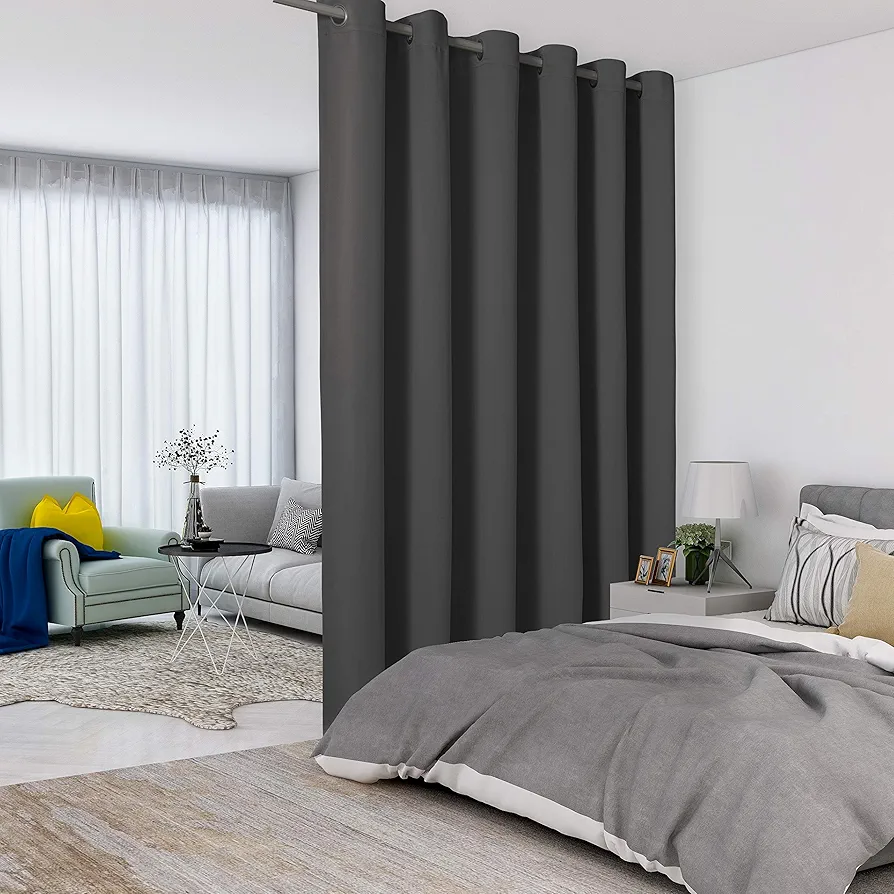 LORDTEX Dark Grey Room Divider Curtains - Total Privacy Wall Room Divider Screens Wide Blackout Curtain for Living Room Bedroom Patio Sliding Door, 1 Panel, 8.3ft Wide x 7ft Tall