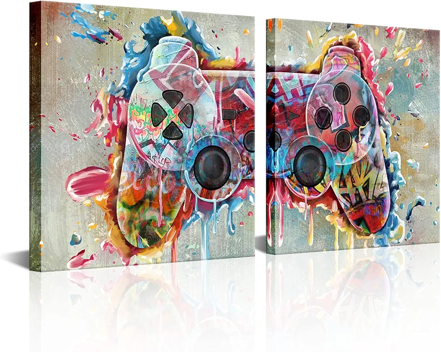 HOMEOART Game Room Decor Graffiti Wall Art Boys Bedroom Decor Painting Framed Artwork for Walls Gaming Poster Gamer Wall Decor Picture (12"x12"x2 Panels)