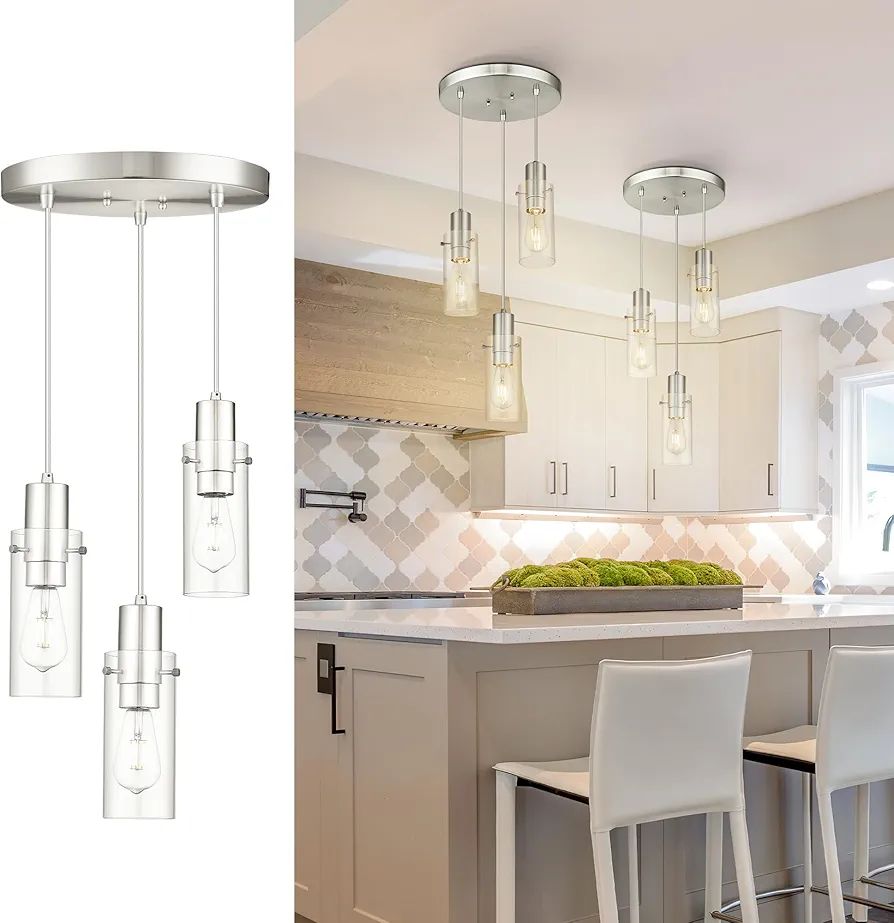 Emak Modern Brushed Nickel Pendant Light, Cluster Pendant Lights Kitchen Island with Clear Glass Shade, 3-Light Hanging Lights for Kitchen, Dining Room, Living Room, Bathroom, PL120-BN-CL