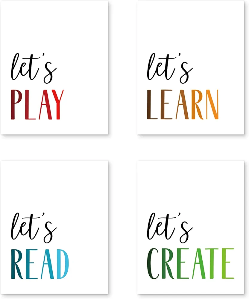 PUHEI Kids Playroom Wall Art Prints Set of 4 - Playroom Wall Decor, Childrens Kids Room Wall Art, Boy Kids Playroom Nursery Wall Decor, Let's Play Read Wall Art (8x10 Inches UNFRAMED)