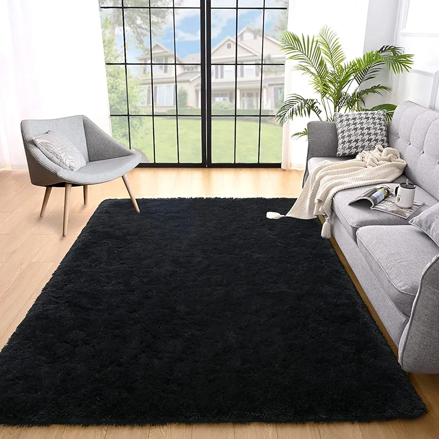 YOBATH Fluffy 8x10 Feet Area Rugs for Living Room Bedroom, Large Modern Soft Fuzzy Shaggy Carpet Shag Rugs Girls Boys Kids Nursery Dorm Room, Black