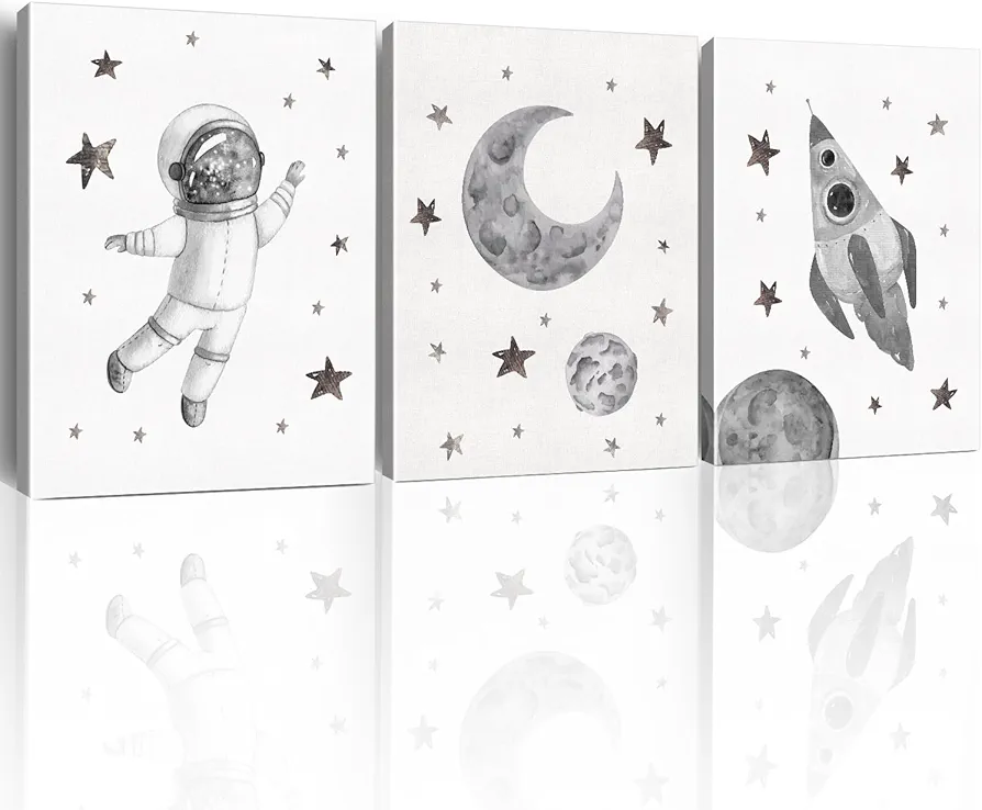 Yuzi-n Space Decor Posters, Set of 3 (12x15 Inches), Outer Space Room Decor for Boys Room, Grey and White Wall Art Prints