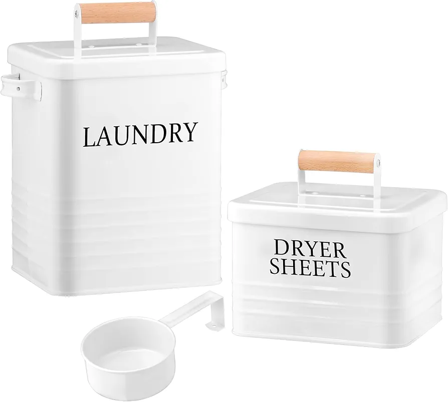 Metal Laundry Powder Container with Dryer Sheet Holder Modern Farmhouse Laundry Detergent Container with 1 Spoon Fabric Softener Dispenser with Lid for Space Saving Room Organization and Decor, White