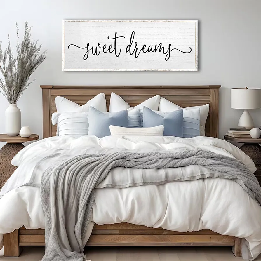 Sweet Dreams Wall Decor Above Bed Sign 40''×15'' Large Wood Framed Master Bedroom Guest Room Sweet Dreams Signs Farmhouse Rustic Wall Art Decoration (White)