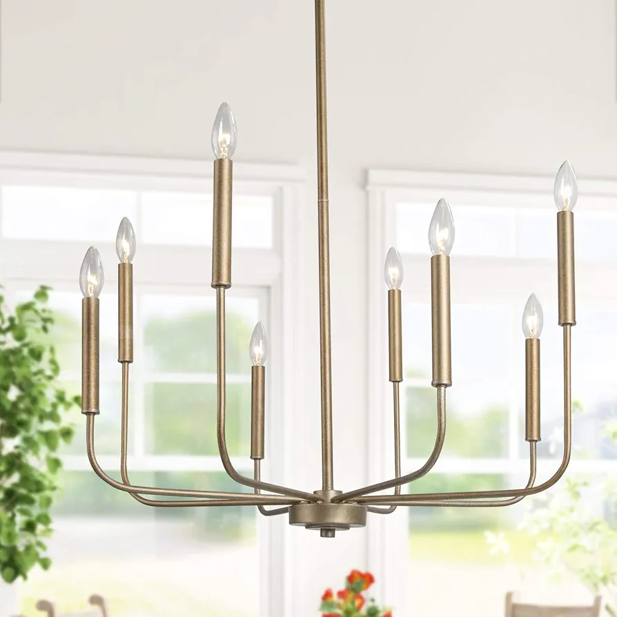 Antique Gold Chandelier, Modern Dining Room Lighting Fixture, 8-Light Candle Style Hanging Chandelier for Living Room, Bedroom, Kitchen Island, Foyer, Dia 27”