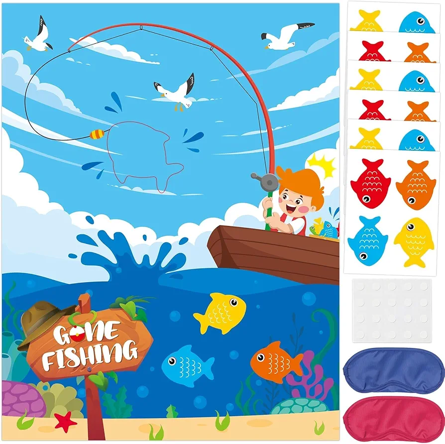 Gone Fishing Birthday Party Game Supplies Pin The Fish on Fishhook Game Large Fishing Poster with 24 PCS Fish Pin the Tail Game for Home Wall Room Adults Kids Fisherman Gifts Craft Favors Decorations