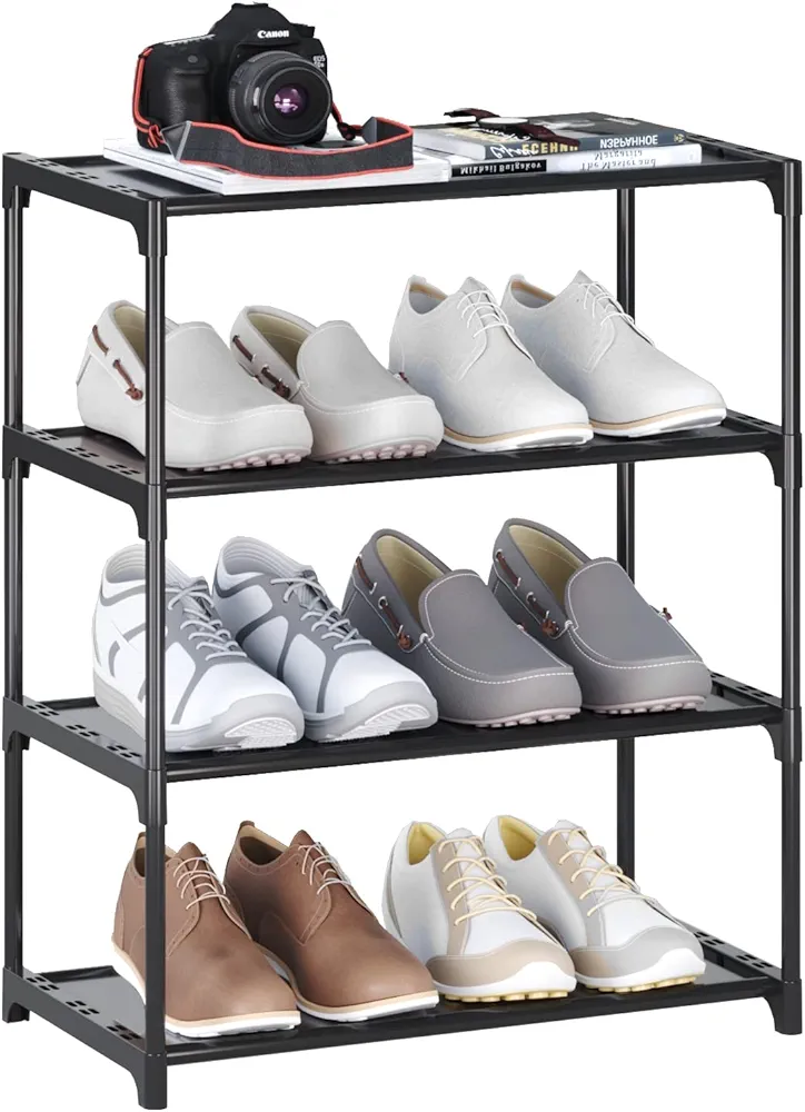 4-Tier Small Shoe Rack .Stackable Shoe Shelf Storage Organizer for Entryway Hallway Closet Bathroom Living Room (Black)