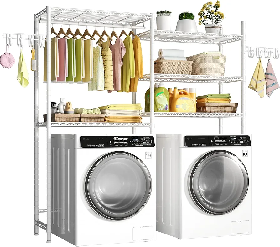 Ulif U6 Clothes Drying Rack, 5-Tier Over Washer and Dryer Laundry Room Storage and Organizer, Heavy-Duty Space Saver, 65.3" W x 13.4" D x 77.5" H, White