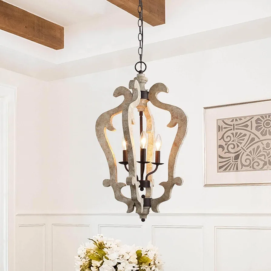 Farmhouse Chandeliers for Dining Room, Rustic Wood Chandelier Lighting Fixture, 3-Light French Country Lantern Pendant Chandelier for Kitchen Island, Living Room, Bedroom and Entryway